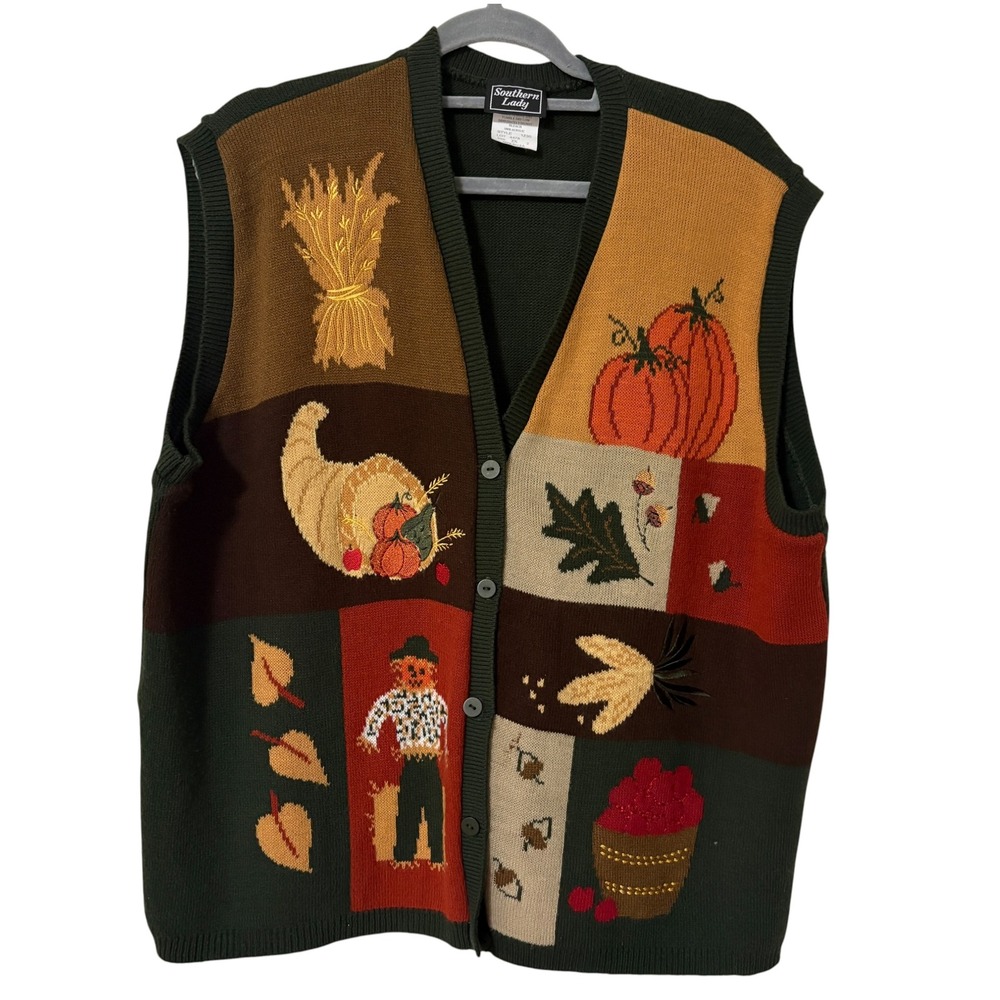 Southern Lady Womens 2X Sweater Vest Multicolor Fall Harvest Patchwork Knit